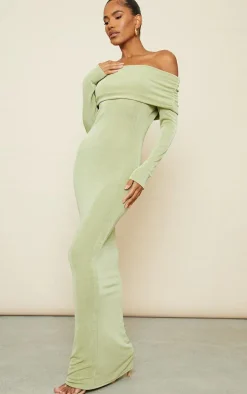 Sage Green Acetate Slinky Bardot Long Sleeve Maxi Dress