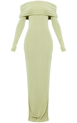 Sage Green Acetate Slinky Bardot Long Sleeve Maxi Dress