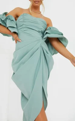 Sage Green Bardot Frill Sleeve Draped Midi Dress