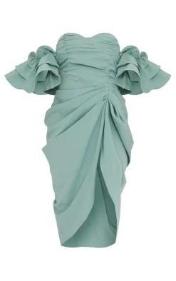 Sage Green Bardot Frill Sleeve Draped Midi Dress