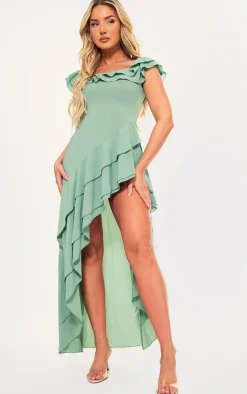 Sage Green Bardot Ruffle Detail Midi Dress