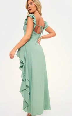 Sage Green Bardot Ruffle Detail Midi Dress