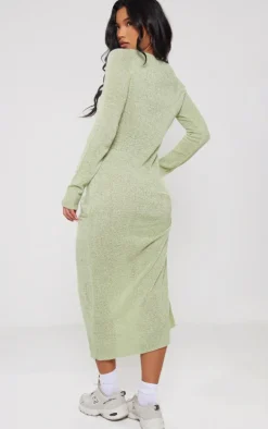 Sage Green Bobble Knit Long Sleeve Maxi Dress