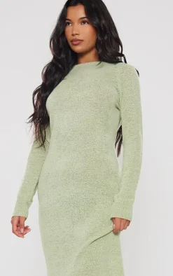 Sage Green Bobble Knit Long Sleeve Maxi Dress