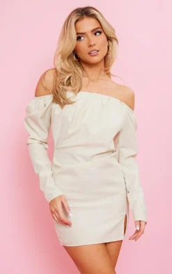 Sage Green Boned Linen Look Pleat Detail Bardot Bodycon Dress