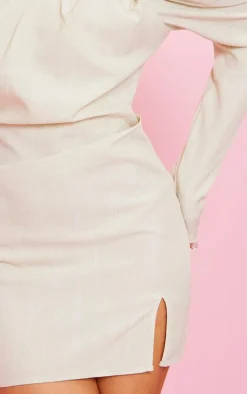 Sage Green Boned Linen Look Pleat Detail Bardot Bodycon Dress