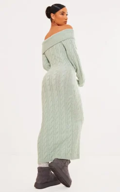 Sage Green Cable Fold Over Maxi Knit Dress