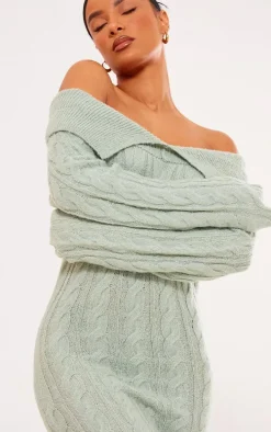 Sage Green Cable Fold Over Maxi Knit Dress
