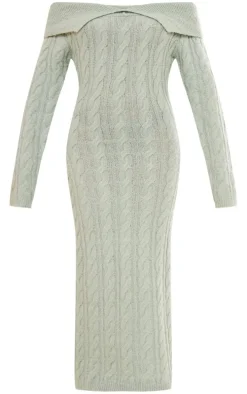 Sage Green Cable Fold Over Maxi Knit Dress