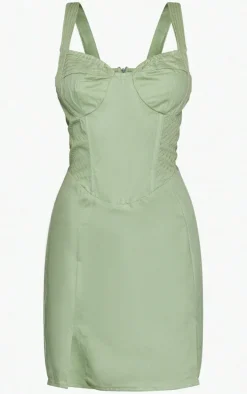 Sage Green Cargo Contrast Stitch Corset Detail Bodycon Dress