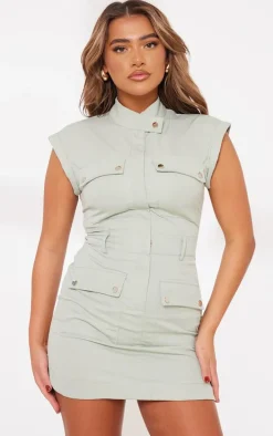 Sage Green Cargo Sleeveless Pocket Detail Bodycon Dress