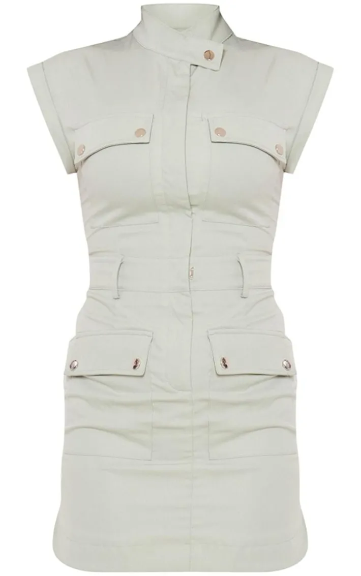 Sage Green Cargo Sleeveless Pocket Detail Bodycon Dress