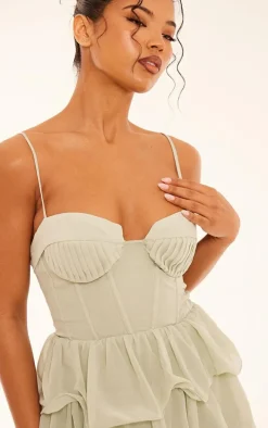 Sage Green Chiffon Pleat Cup Detail Frill Shift Dress