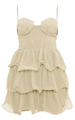 Sage Green Chiffon Pleat Cup Detail Frill Shift Dress