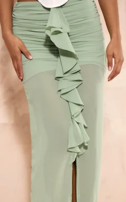 Sage Green Chiffon Ruffle Front Maxi Skirt