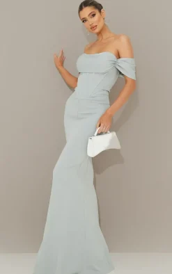 Sage Green Corset Detail Bardot Bridesmaid Dress