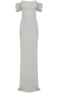 Sage Green Corset Detail Bardot Bridesmaid Dress