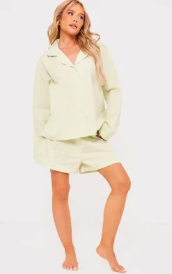 Sage Green Cotton Poplin Piping Long Sleeve Shirt And Short PJ Set