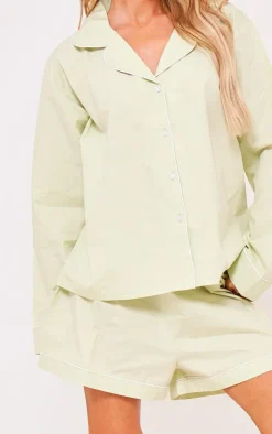 Sage Green Cotton Poplin Piping Long Sleeve Shirt And Short PJ Set