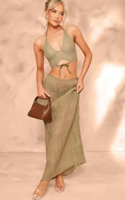 Sage Green Crinkled Sheer Woven Maxi Skirt