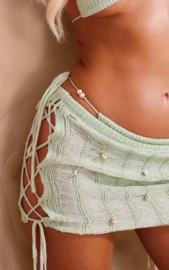 Sage Green Crochet Beaded Laddered Mini Beach Skirt