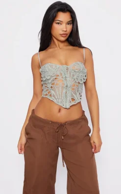 Sage Green Cut Out Lace Hook And Eye Corset