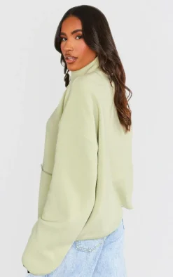 Sage Green Fleece Quarter Zip Pocket Detail Sweatshirt