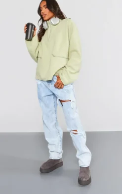 Sage Green Fleece Quarter Zip Pocket Detail Sweatshirt