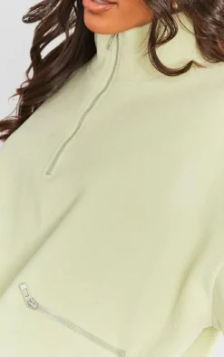 Sage Green Fleece Quarter Zip Pocket Detail Sweatshirt