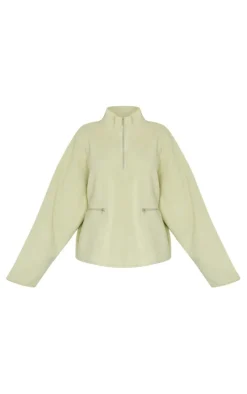 Sage Green Fleece Quarter Zip Pocket Detail Sweatshirt