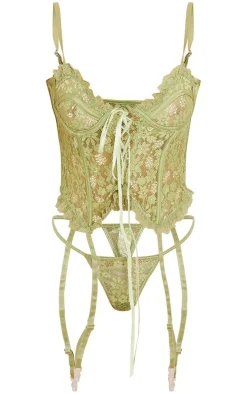 Sage Green Floral Lace Lace Up Corset With Suspender And Thong