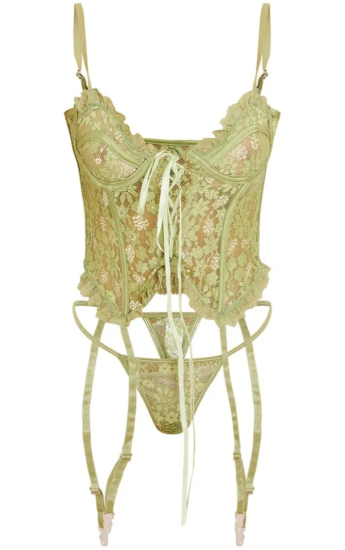 Sage Green Floral Lace Lace Up Corset With Suspender And Thong