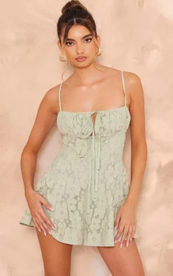 Sage Green Floral Lace Strappy Floaty Romper