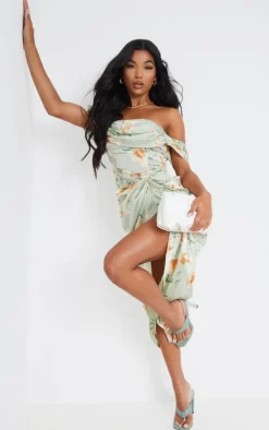 Sage Green Floral Print Satin Draped Bardot Midi Dress