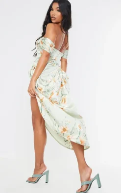 Sage Green Floral Print Satin Draped Bardot Midi Dress