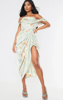 Sage Green Floral Print Satin Draped Bardot Midi Dress