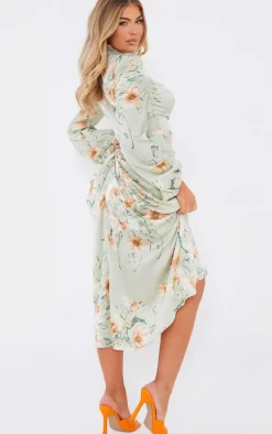 Sage Green Floral Twist Bust Draped Midi Dress