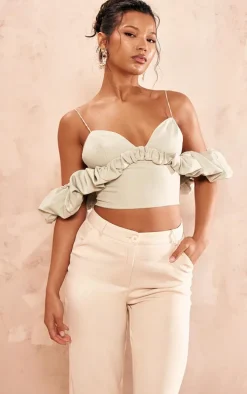 Sage Green Frill Bardot Sleeve Crop Top