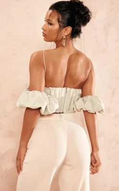 Sage Green Frill Bardot Sleeve Crop Top