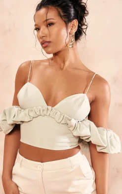Sage Green Frill Bardot Sleeve Crop Top