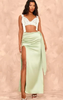 Sage Green Heavy Satin Knot Front Maxi Skirt