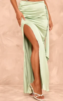 Sage Green Heavy Satin Knot Front Maxi Skirt