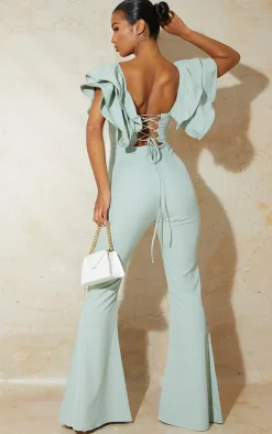Sage Green Lace Back Frill Sleeve Jumpsuit