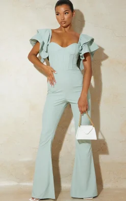 Sage Green Lace Back Frill Sleeve Jumpsuit