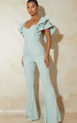 Sage Green Lace Back Frill Sleeve Jumpsuit