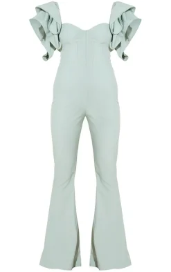 Sage Green Lace Back Frill Sleeve Jumpsuit