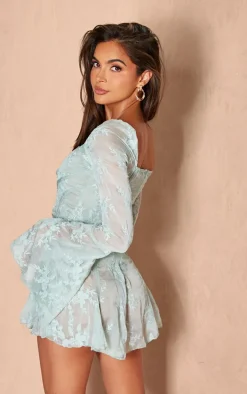 Sage Green Lace Binding Detail Flare Sleeve Romper