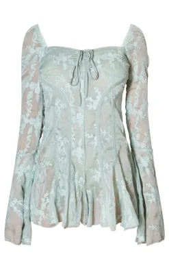 Sage Green Lace Binding Detail Flare Sleeve Romper