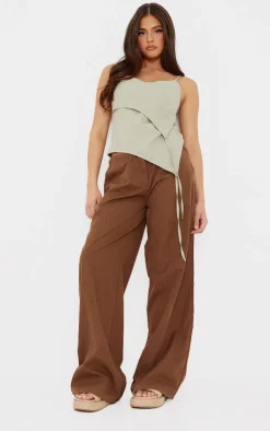 Sage Green Linen Asymmetric Strappy Detail Cami Top