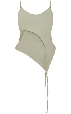 Sage Green Linen Asymmetric Strappy Detail Cami Top